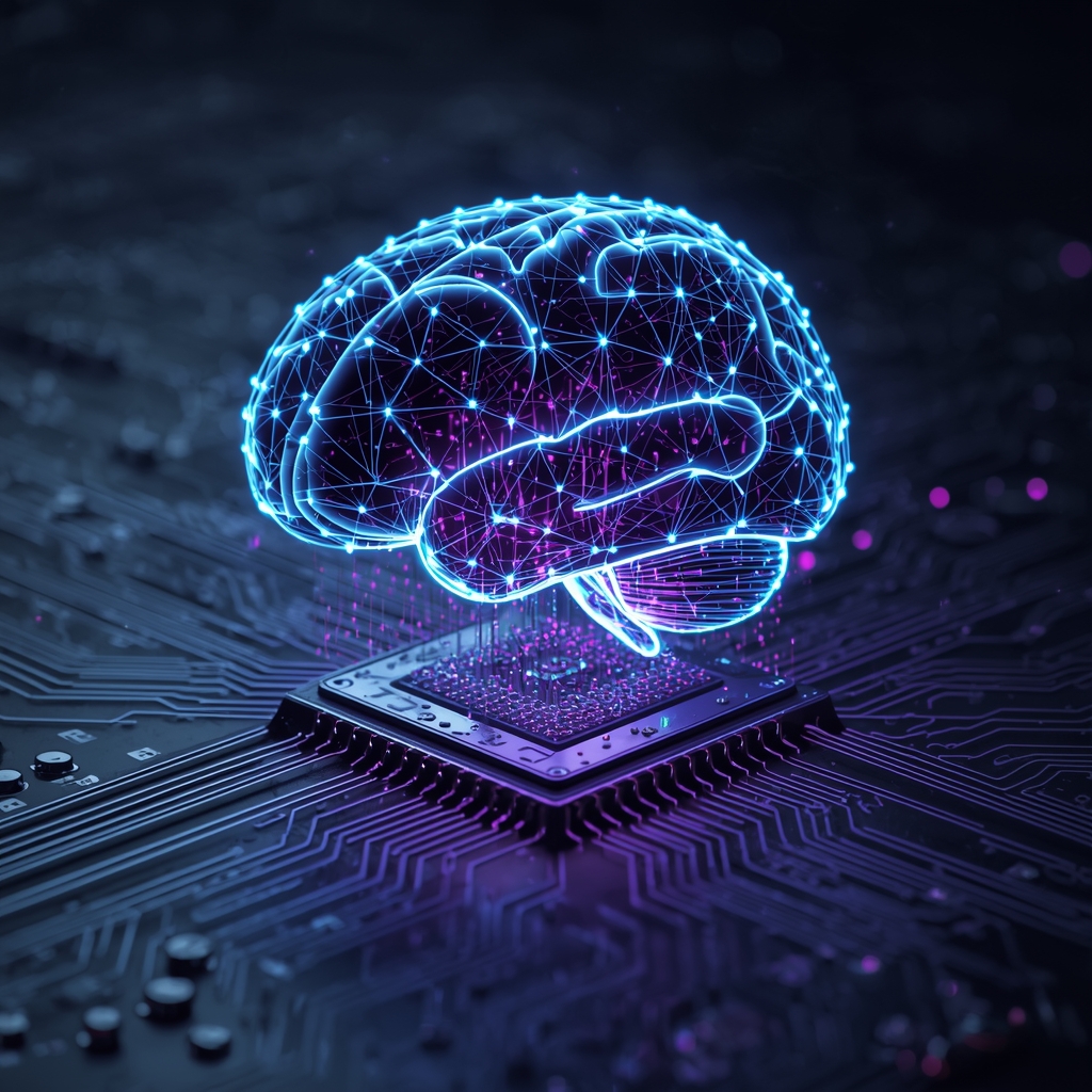A glowing digital brain network connecting nodes in a dark cyberspace environment, blue neon lines, futuristic tech